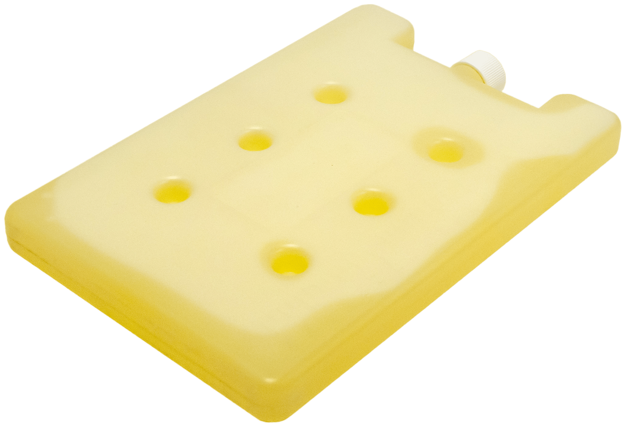 Gelber PCM-Kühlakku in einer Hartschale mit weißem Schraubverschluss