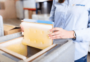Einsetzen gelber Kühlelemente in eine THERMOCON Thermoverpackung
