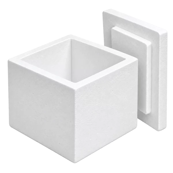 Open white EPS insulated box with its lid standing separately