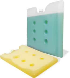 Green and yellow PCM coolant packs in rigid shells