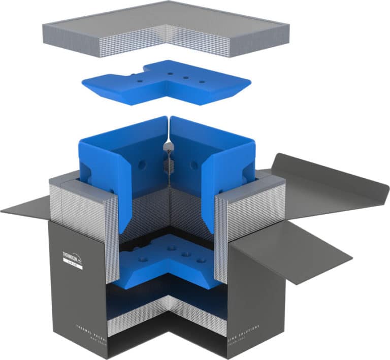Exploded view of Slim Line with vacuum insulation panels, coolant packs and a product compartment