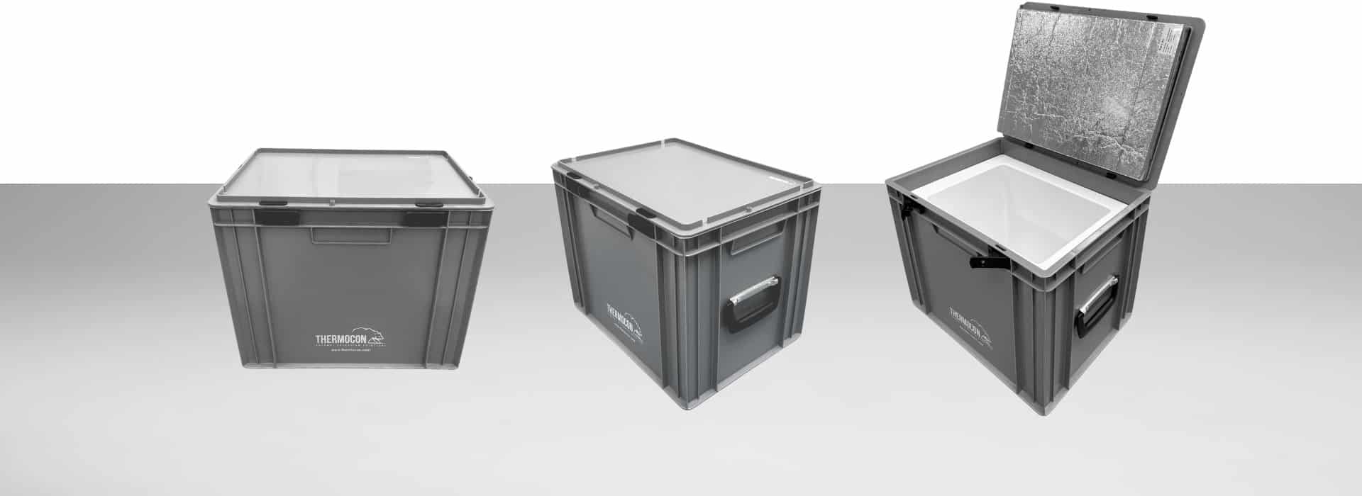 Three Medi Line reusable insulated containers shown closed and open